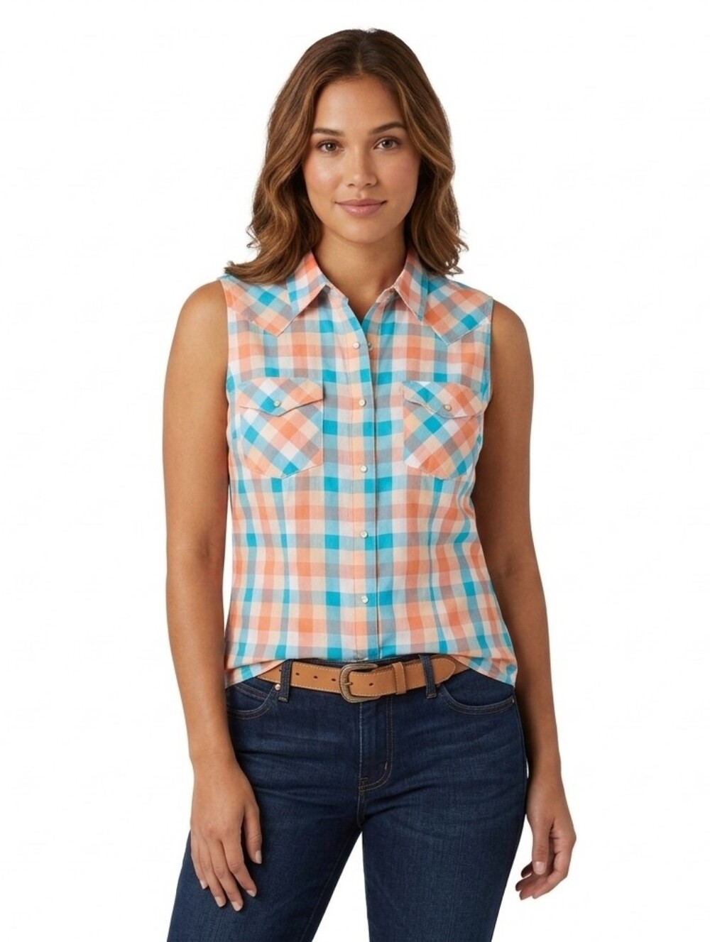 Wrangler Wrancher Western Sleeveless Plaid Pearl Snap Collared Shirt Pockets XL